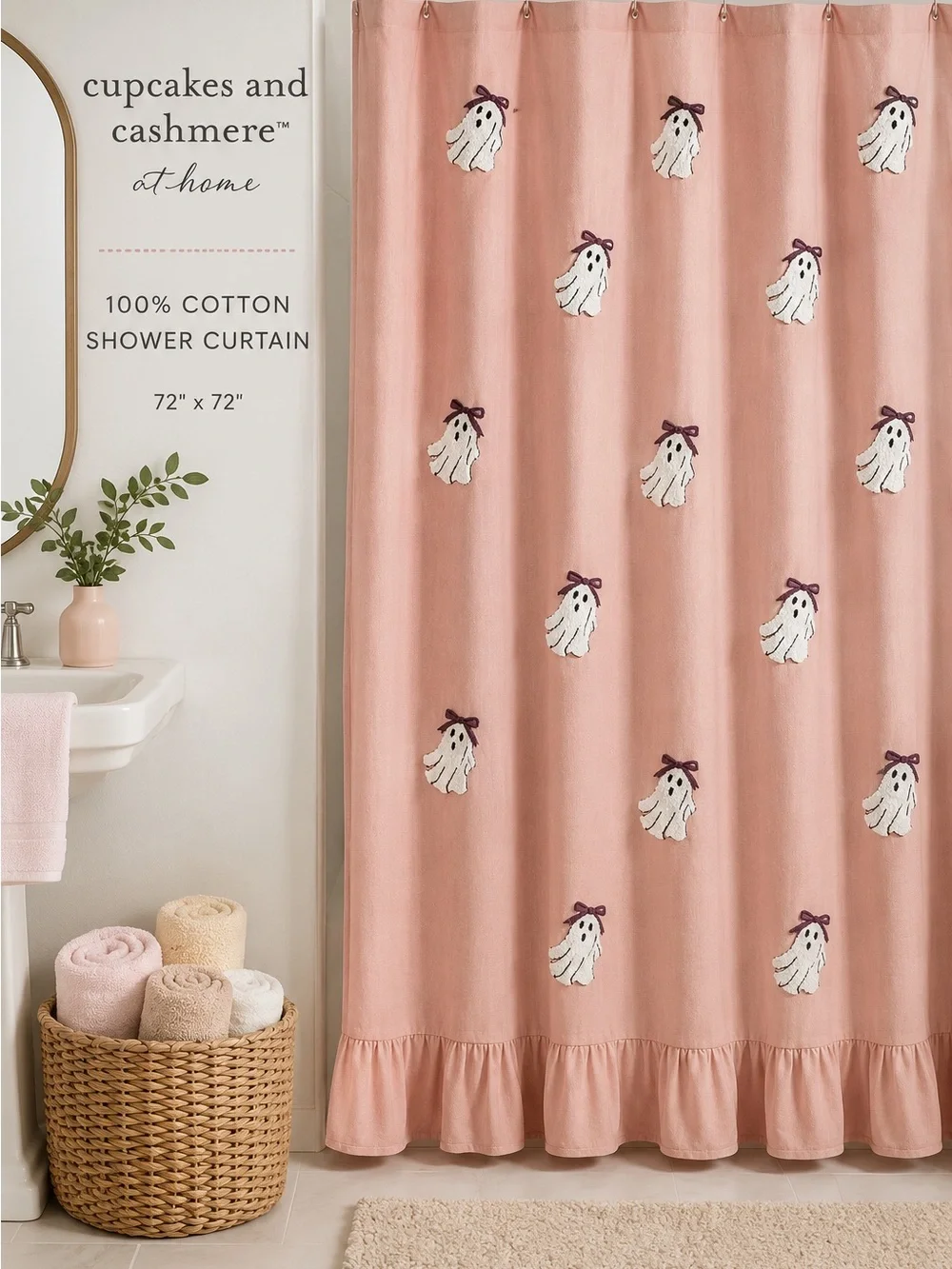 cupcakes & cashmere Pink Cotton Ghost Embroidered Shower Curtain